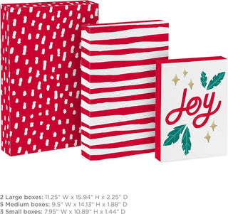 Hallmark Christmas Shirt Boxes for Presents (10 Clothes Boxes with Lids: 3 Small 11", 5 Medium 14", 2 Large 16") Red and White Stripes, Green Tree with Rainbows, Joy, Very Merry