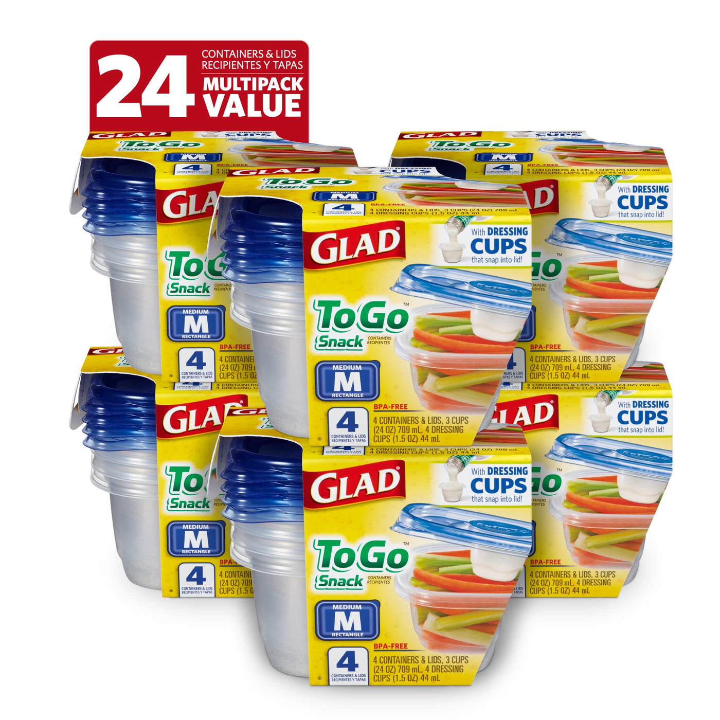 Glad GladWare Medium Rectangle Food Storage Containers with Lids, BPA Free Plastic for Soups Salads and Meal Prep, Airtight Leak Resistant, Microwave Dishwasher Freezer Safe, 24 Oz, 5 Count