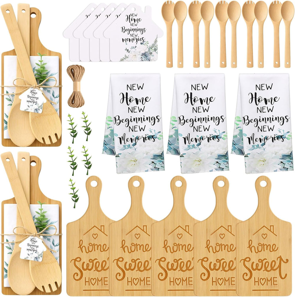 Geelin 31 Pcs Housewarming Gifts Bulk Engraved Cutting Board New Home Beginning Kitchen Towels Cards Bamboo Spoons House Warming Gift Set for Homeowner Neighbor Couple Apartment Kitchen (Rectangle)