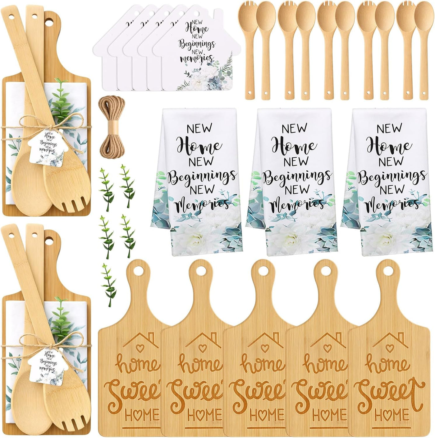 Geelin 31 Pcs Housewarming Gifts Bulk Engraved Cutting Board New Home Beginning Kitchen Towels Cards Bamboo Spoons House Warming Gift Set for Homeowner Neighbor Couple Apartment Kitchen (Rectangle)