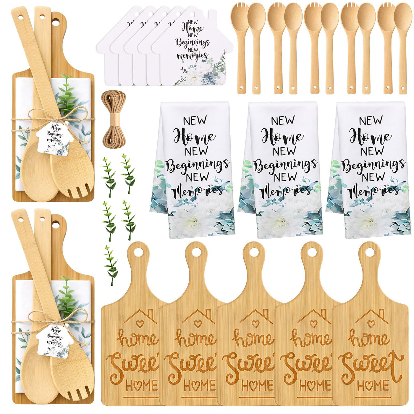 Geelin 31 Pcs Housewarming Gifts Bulk Engraved Cutting Board New Home Beginning Kitchen Towels Cards Bamboo Spoons House Warming Gift Set for Homeowner Neighbor Couple Apartment Kitchen (Rectangle)
