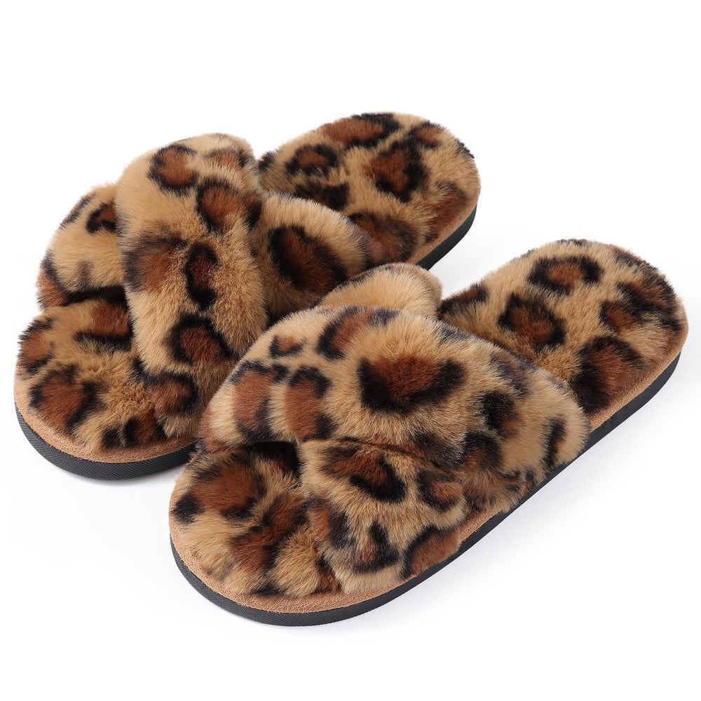 Evshine Women's Fuzzy Slippers Cross Band Memory Foam House Slippers Open Toe