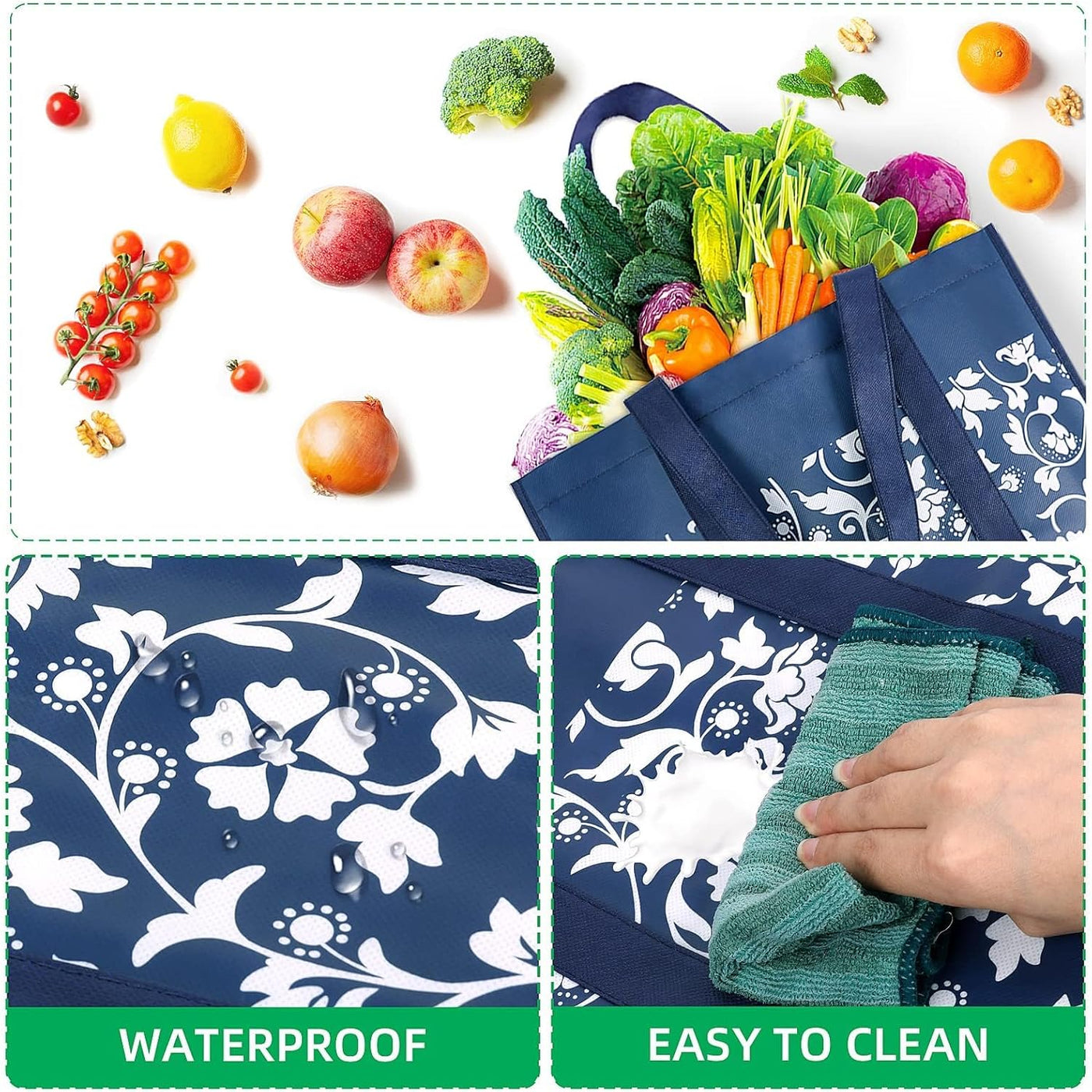 WOWBOX Reusable Grocery Bags Foldable Tote Bags Bulk with Reinforced Handles Shopping Bags for Groceries Heavy Duty Kitchen Reusable Grocery Bags with Waterproof Coating 4-Pack, Blue