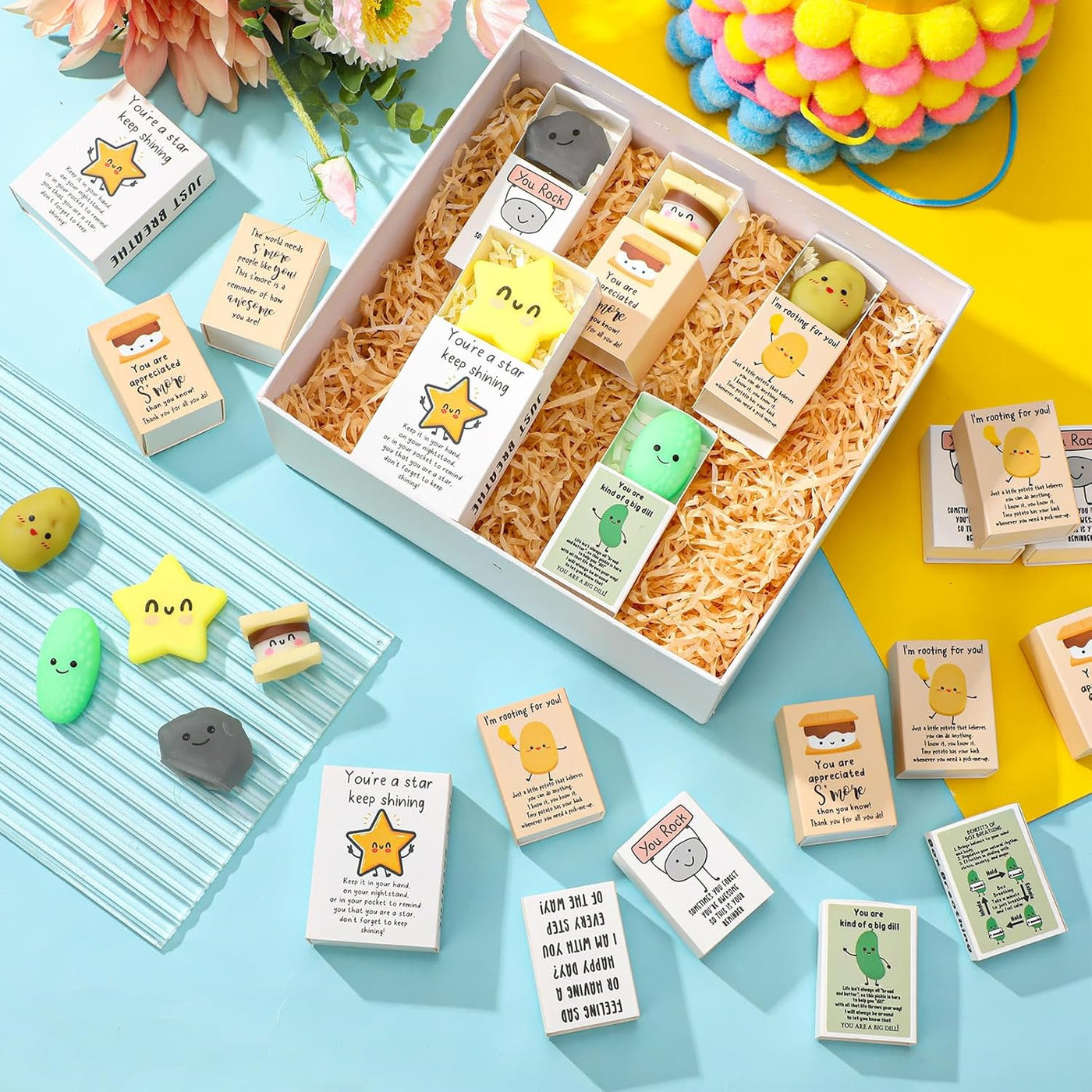 Wettarn 75 Sets Appreciation Gifts Cute Stress Balls with Support Boxes Bulk Party Favors for Employee Coworker Team Group Stuffers Office Prizes Positive Desk Decor