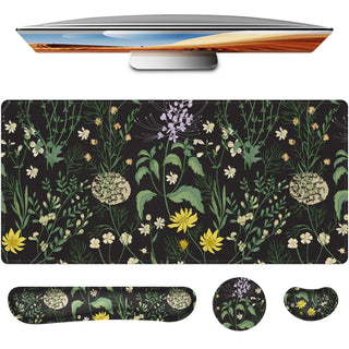 Keyboard Mouse Pad Set,Large Gaming Mouse Pad+Keyboard Wrist Rest+Wrist Rest+Coaster,Computer Desk pad Set Wrist Support for Office Desktop Laptop. (35.4" x 15.7") Extended Desk Mat (Floral)
