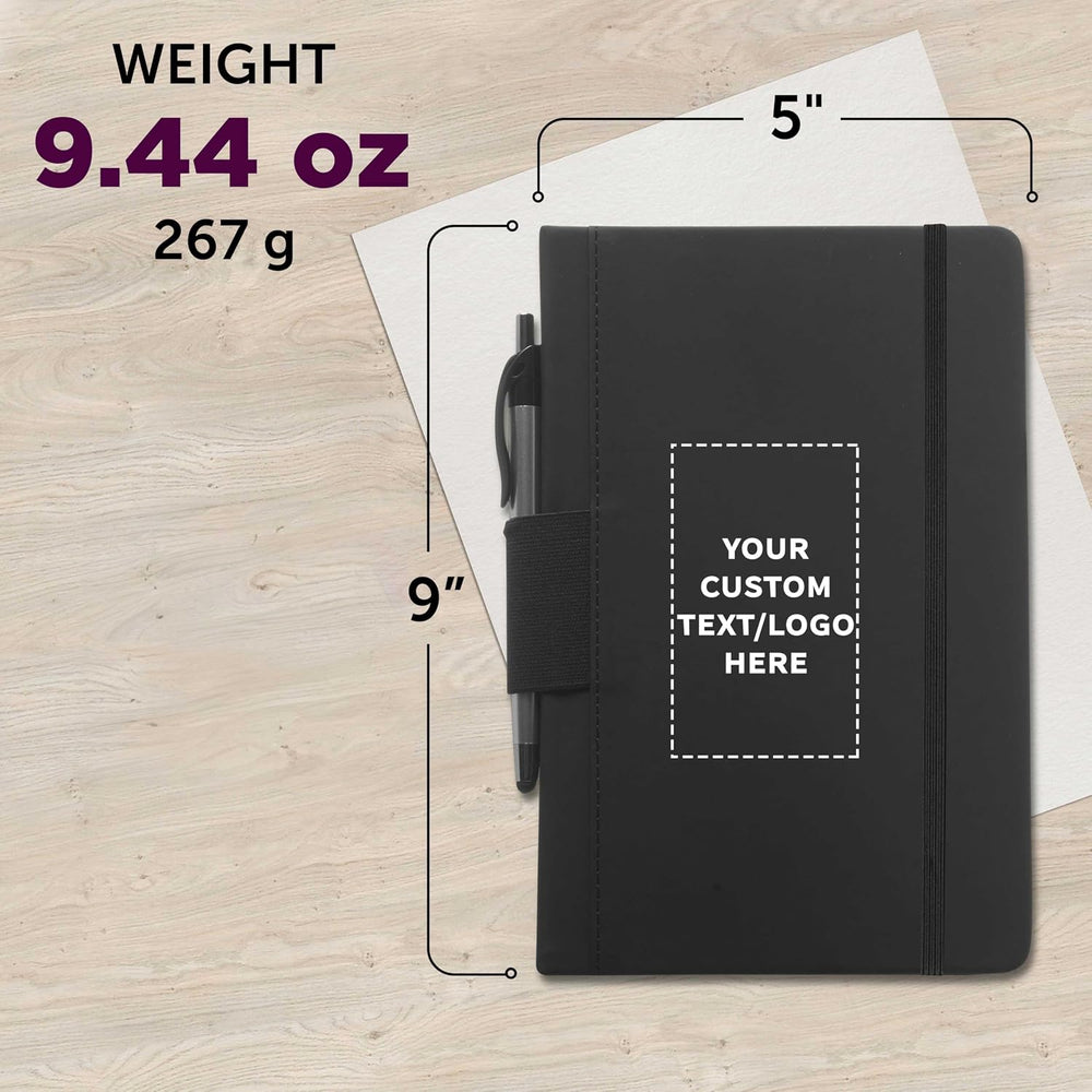 DISCOUNT PROMOS Custom Executive Notebooks with Pen Pack of 10/50/100 Personalized Text, Logo - 6 x 8.5 inches, Recycled, Pen Loop, Closure Strap - Black