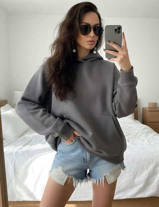 Lauweion Women Solid Basic Fleece Letter Loose Hoodie Sweatshirt Long Sleeve Kangaroo Pocket Drop Shoulder Pullovers Top
