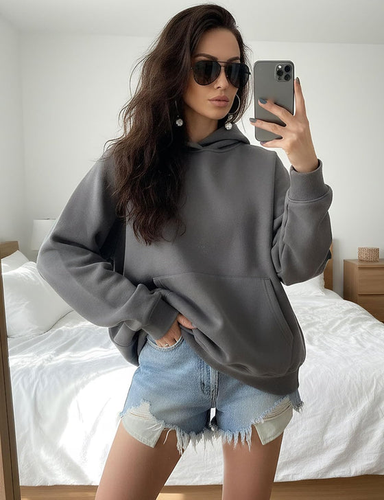 Lauweion Women Solid Basic Fleece Letter Loose Hoodie Sweatshirt Long Sleeve Kangaroo Pocket Drop Shoulder Pullovers Top - hover image