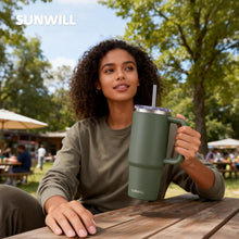SUNWILL Insulated Coffee Tumbler with Handle, 30oz Stainless Steel Travel Mug with Straw, Spill Resistant Lid, Cup Holder Friendly, Powder Coated Camp Green