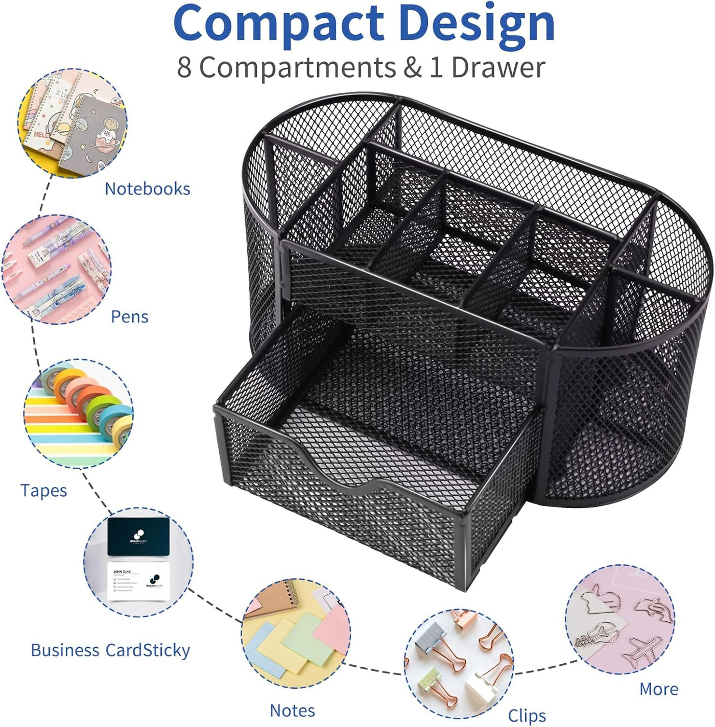 EOOUT Desk Organizer, Pencil Holder for Desk, Mesh Office Desk Accessories with 8 Compartments and 1 Drawer Stationery Holder School Supplies