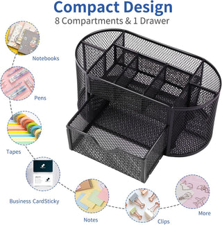 EOOUT Desk Organizer, Pencil Holder for Desk, Mesh Office Desk Accessories with 8 Compartments and 1 Drawer Stationery Holder School Supplies