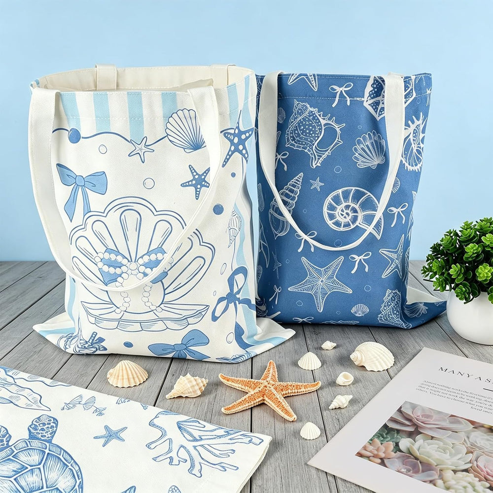 IANFEPH 6Pcs Coastal Canvas Tote Bags, Blue Bow Seashell Reusable Grocery Bag for Women Summer Beach Bag Gift for Bridal Shower Bachelorette Nautical Birthday Party Favors, 15.7 x 13.8 Inch