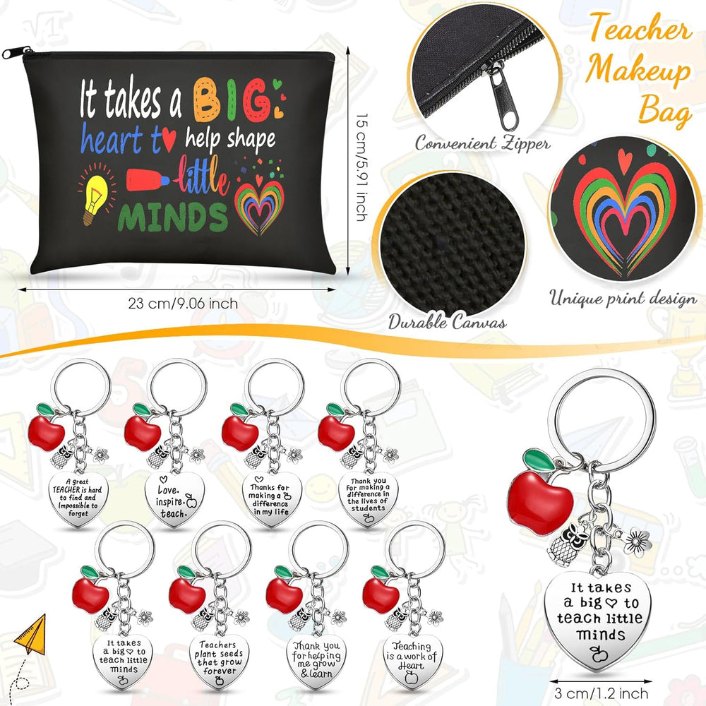 Umigy 24 Pcs Teacher Appreciation Gift Bulk 12 oz End Year of Teacher Black Wine Tumblers Graduation Thank You Gift 8 Rainbow Makeup Bag 8 Apple Shaped Keychain 8 Mug Cups for Women School (Bright)