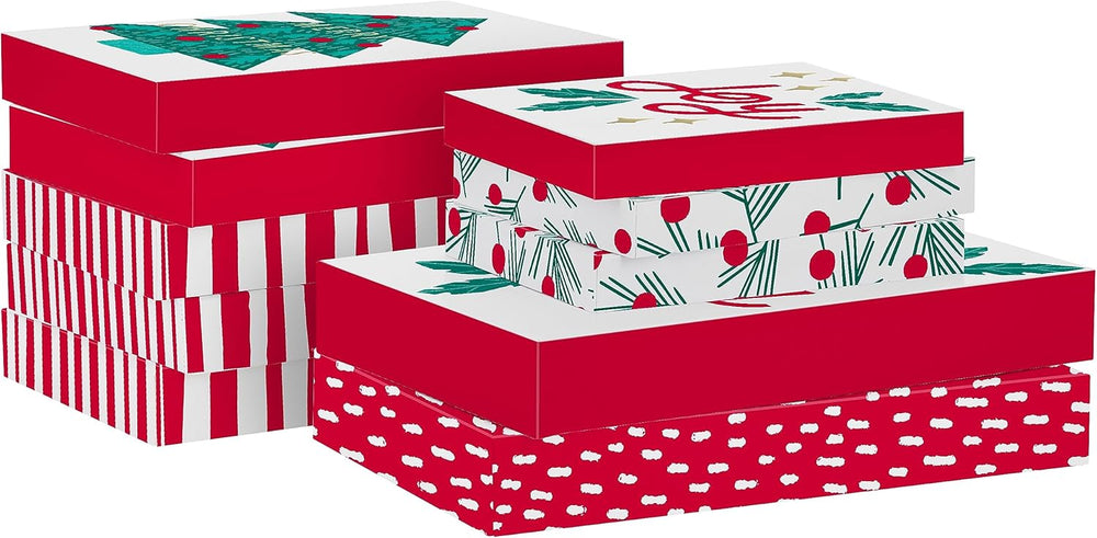 Hallmark Christmas Shirt Boxes for Presents (10 Clothes Boxes with Lids: 3 Small 11", 5 Medium 14", 2 Large 16") Red and White Stripes, Green Tree with Rainbows, Joy, Very Merry