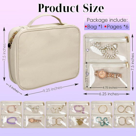 Travel Jewelry Organizer Case,Jewelry Bags for Traveling, Jewelry Binder with 24 Pcs Clear Zipper Velvet Pouches for Storing Earrings, Rings, Necklace, Bracelet, Watch (Beige) - hover image