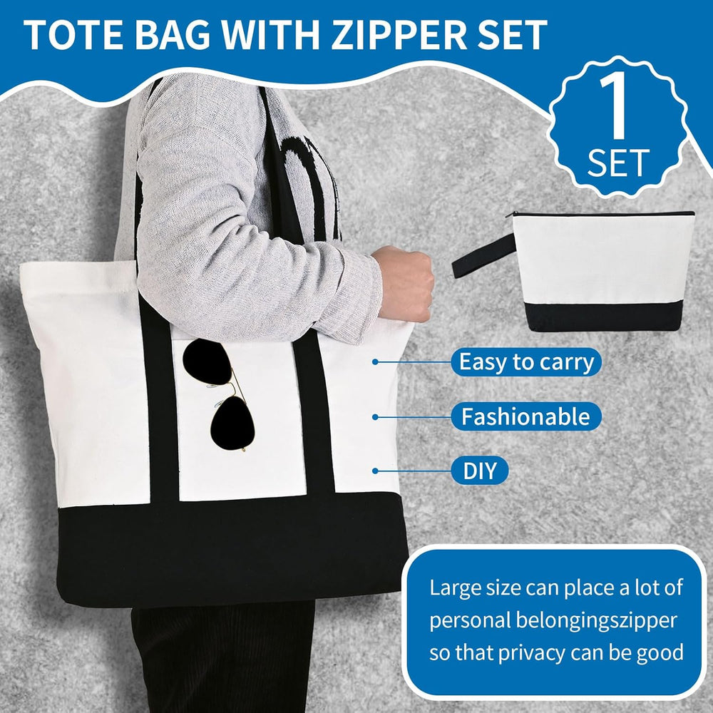 16 Pcs Canvas Tote Bags Bulk and Makeup Pouches Set, 12oz Cotton Reusable Zippered Grocery Bags with Handles, DIY Sublimation, Christmas Craft, Beach & Travel with External Pocket (Women & Men)