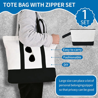 16 Pcs Canvas Tote Bags Bulk and Makeup Pouches Set, 12oz Cotton Reusable Zippered Grocery Bags with Handles, DIY Sublimation, Christmas Craft, Beach & Travel with External Pocket (Women & Men)