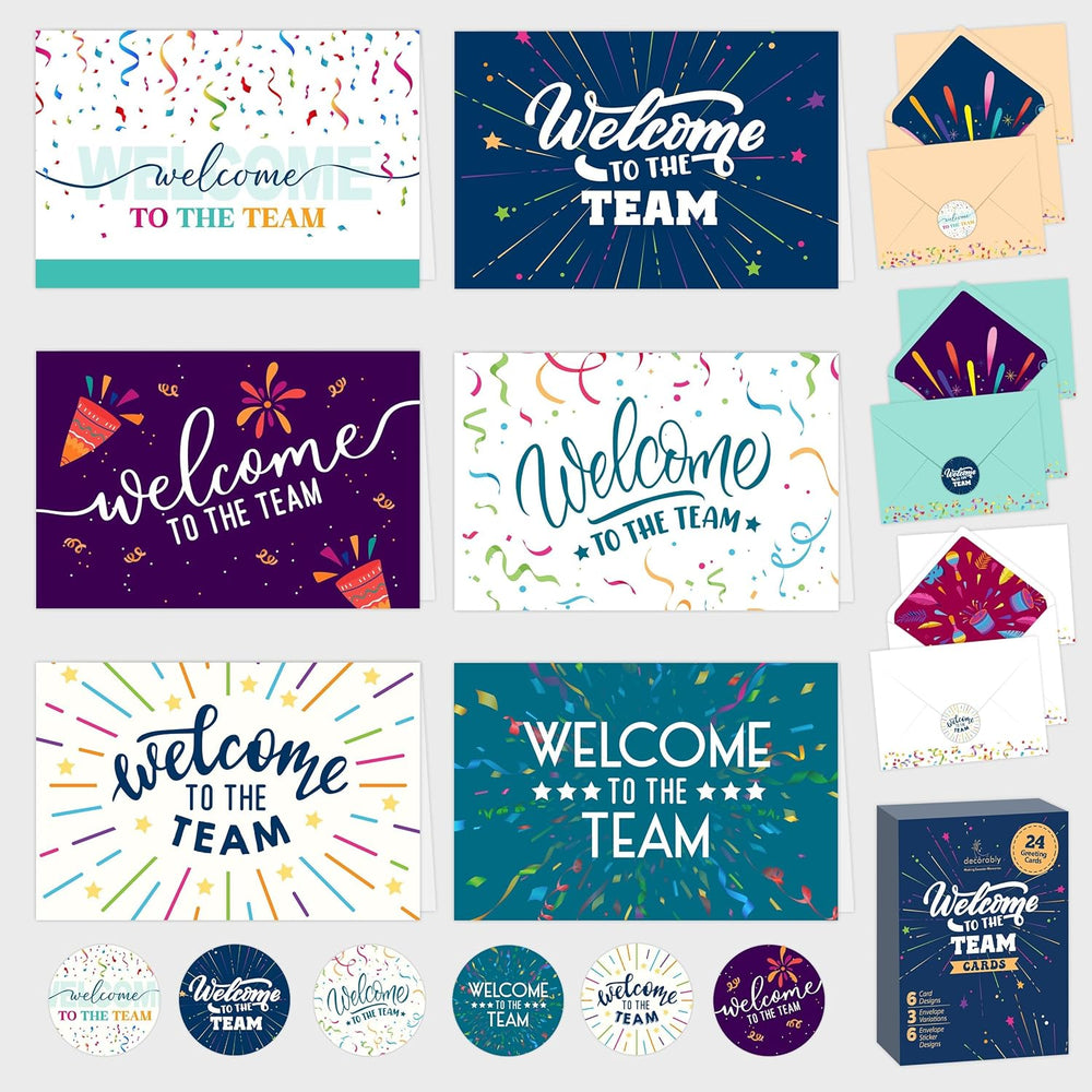 Decorably 24 Pack 6x4in Welcome to the Team Cards for New Employees with Envelopes and Stickers, 6 Festive Designs for Colleagues, Onboarded Staff, Crew, Blank Inside - Business, Gifting, Mailing