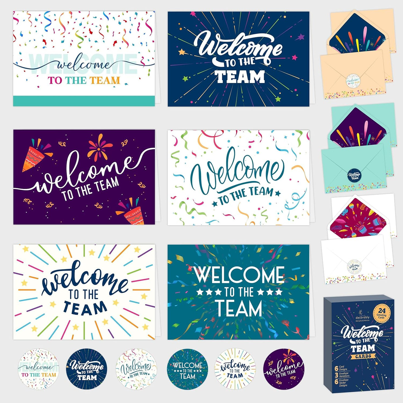 Decorably 24 Pack 6x4in Welcome to the Team Cards for New Employees with Envelopes and Stickers, 6 Festive Designs for Colleagues, Onboarded Staff, Crew, Blank Inside - Business, Gifting, Mailing