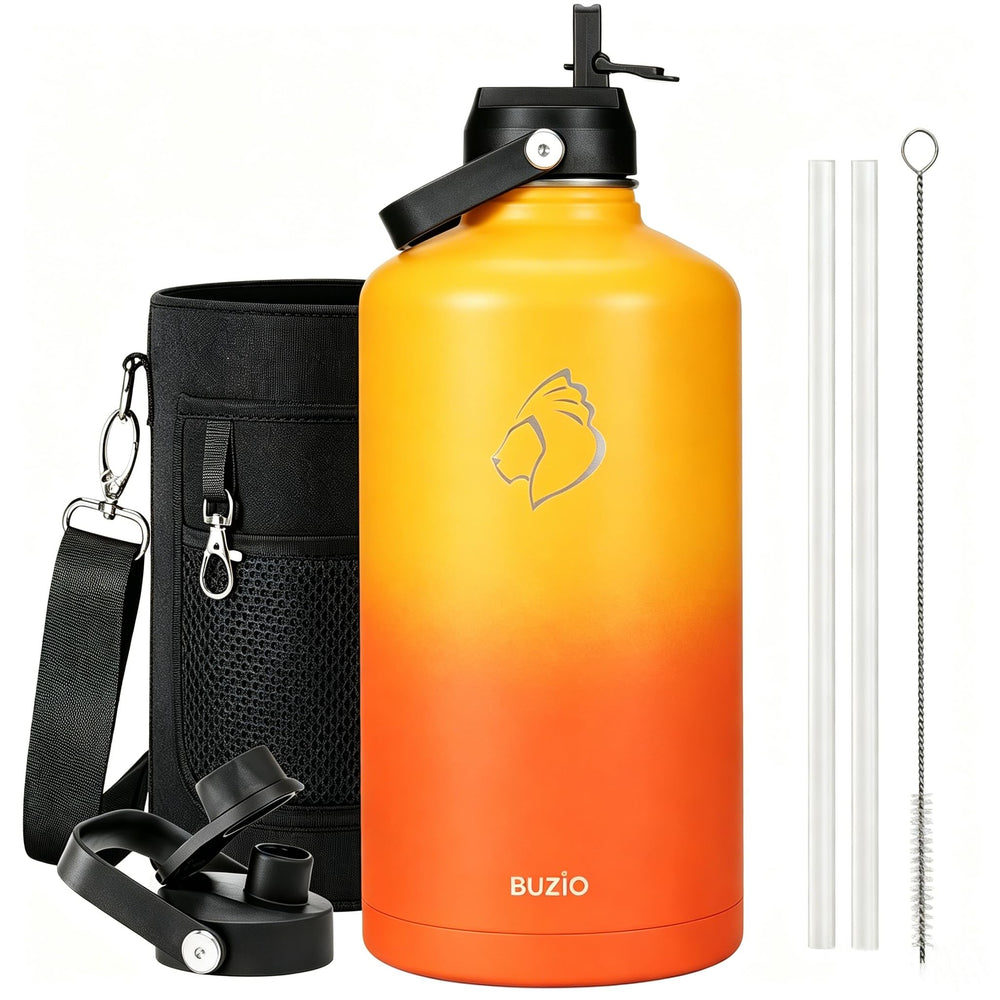 BUZIO 40oz Insulated Water Bottle, Triple Wall Vacuum Stainless Steel Water Flask with 2 lids, Lead-Free BPA-Free Straw Lid Sports Canteen Jug, Cold 48H & Hot 24H- Black