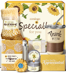 Thank You Gift Basket for Women - 7pcs Teacher Appreciation Gifts, Thank You Gift Baskets for Teacher, Nurse, Employee, Coworker, Social Worker, Secretary with Crochet Sunflower