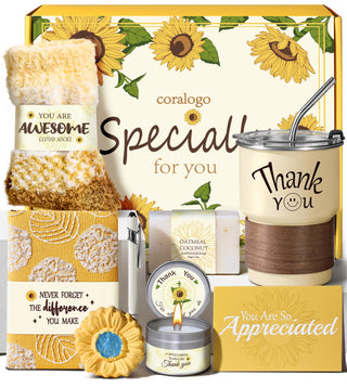 Thank You Gift Basket for Women - 7pcs Teacher Appreciation Gifts, Thank You Gift Baskets for Teacher, Nurse, Employee, Coworker, Social Worker, Secretary with Crochet Sunflower