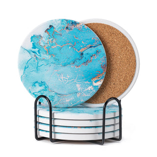 6Pcs Drink Coasters with Holder, Marble Style Ceramic Drink Coaster, Absorbent Coasters Set Suitable for Kinds of Cups, Modern Style Coaster for Coffee Table, 4 Inches