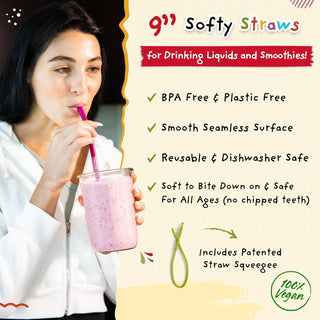 Softy Straws Wide Premium Reusable Silicone Drinking Straws + Patented Straw Squeegee - 9” Long With Curved Bend for 20 30 32 oz Tumblers Non Rubber, Flexible, Safe for Kids/Toddlers, Smoothie