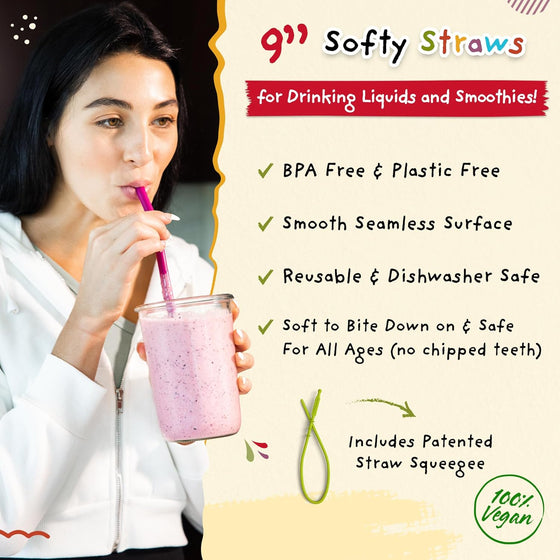 Softy Straws Wide Premium Reusable Silicone Drinking Straws + Patented Straw Squeegee - 9” Long With Curved Bend for 20 30 32 oz Tumblers Non Rubber, Flexible, Safe for Kids/Toddlers, Smoothie - hover image