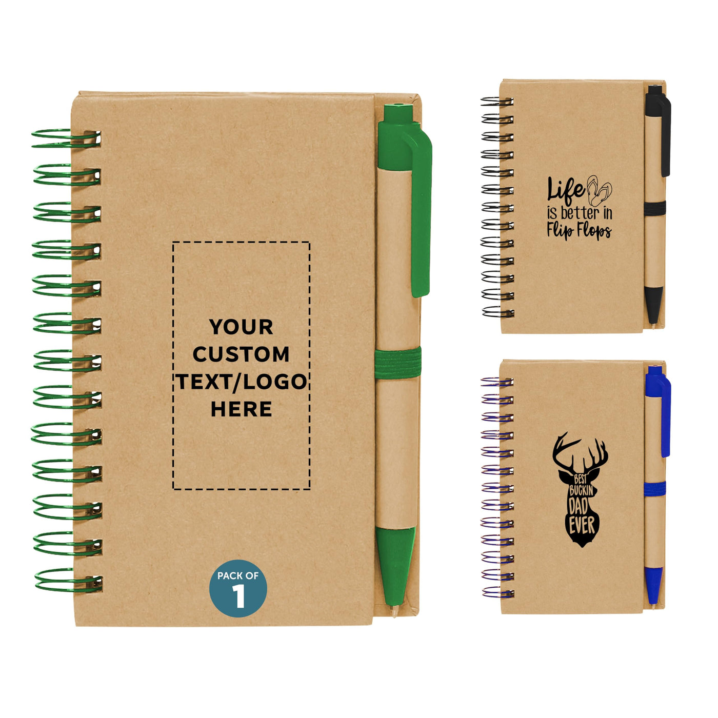 DISCOUNT PROMOS Custom Mini Spiral Notebooks with Black Ink Pens Set of 10/50/100, Personalized Bulk Pack - Perfect for School, Office, Business, Home - Green