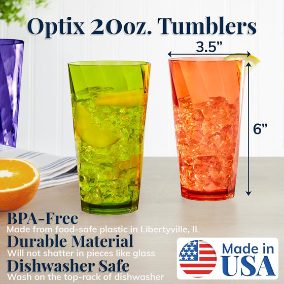 US Acrylic Optix Plastic Reusable Drinking Glasses (Set of 8) 20oz Water Cups in Jewel Tone Colors | BPA-Free Tumblers, Made in USA | Top-Rack Dishwasher Safe - hover image
