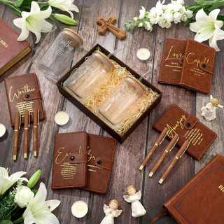 AmazingSpark 18 Pcs Fathers Day Christian Gift Bulk for Men Women 16 Oz Glass Cups with Lid Straw Bible Notebook Leather Prayer Journal with Pen Religious Gift for Church Member (Bible Words,Brown)
