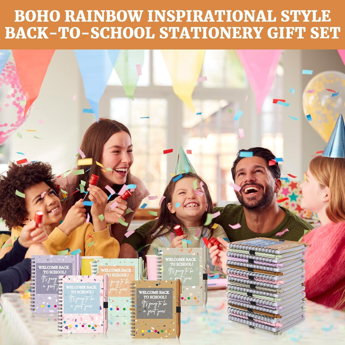 Dunzoom 40 Pcs Welcome Back to School Gifts Bulk Spiral Notebooks with Sticky Notes Motivational Pens First Day of School Notepads Party Favor for Teacher Student Classroom(Terrazzo Tones,Multicolor)