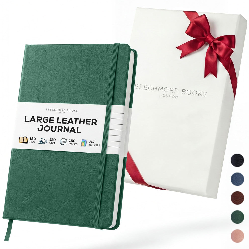 BEECHMORE BOOKS Premium Lined Leather Journal for Men & Women, 5" x 8" (A5) Thick 120gsm Ivory Cream Paper Notebook, Hardcover Vegan Leather Personal Diary, With Gift Box (Chestnut Brown)