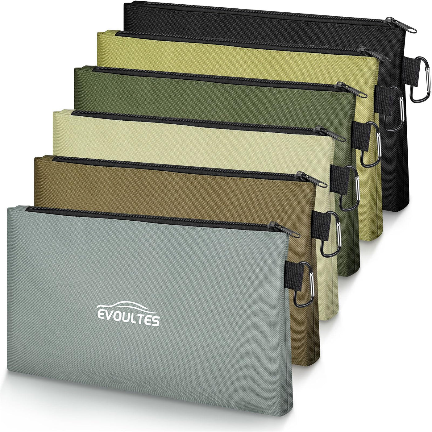 EVOULTES 12 Inch Tool Pouches with Zipper, Small Tools Bags with Carabiner, Multi Purpose Utility Organizer Bags for Tools (3 Pack in Tan, Navy Green, Black)