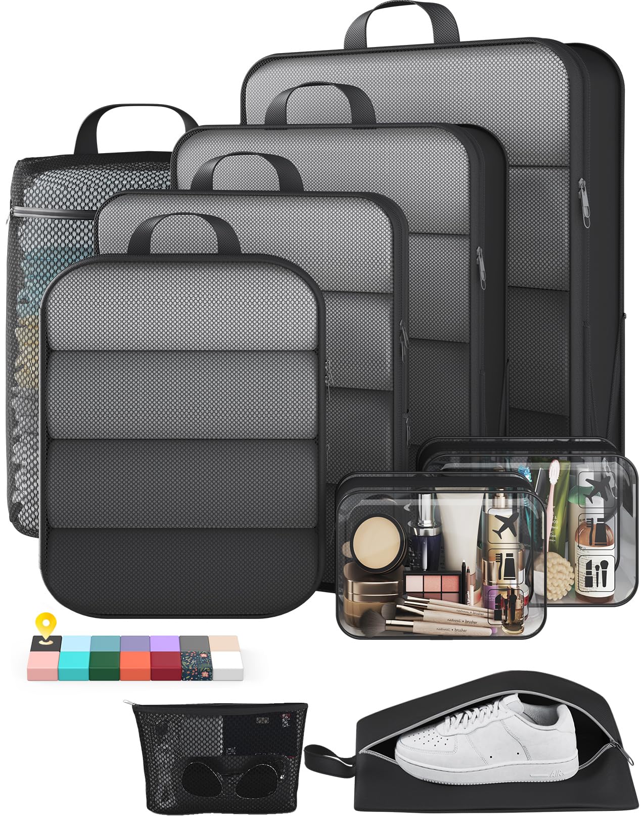 Veken 11-Pack Compression Packing Cubes for Travel Essentials,Compressible Expandable Large Luggage Suitcase Organizer Bags for Clothing,Durable Space Saver Bags with Toiletry Bags(Dark Green)