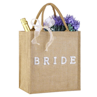 Bride Tote Bag Large Jute Tote Natural Wedding Shower Gift Bag with Gold Diamond &Ribbon Bridal Gifts for Bride to Be, Future Mrs, Engagement, Bachelorette Party Gift（Gold Outline）