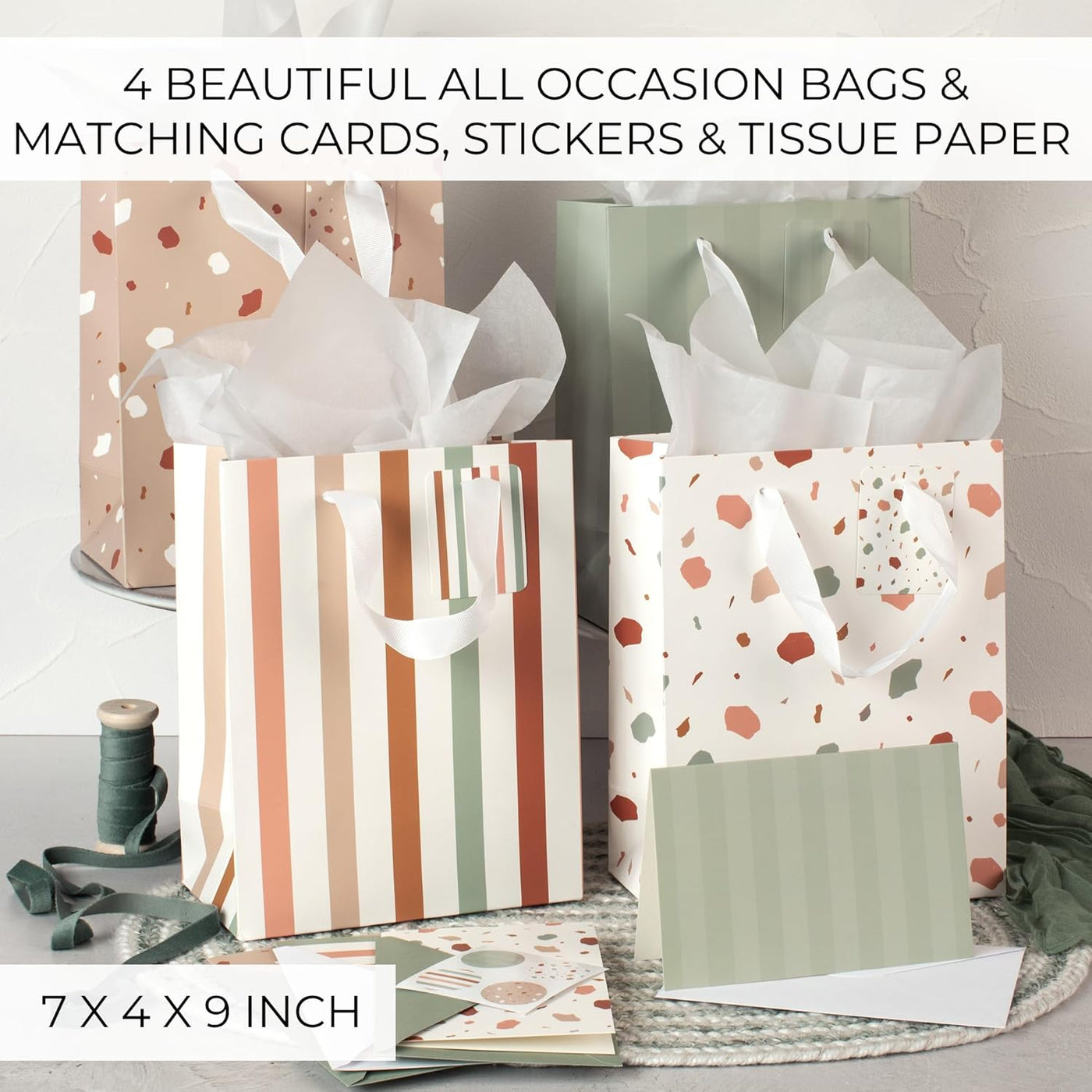 Beautiful Gift Bags Set of 4 - Medium Sized 9" Bags with Handles incl. Matching Tissue Paper, Cards & Small Stickers - Reusable & For Presents of Any Birthday, Weddings, Mothers Day & Other Occasion