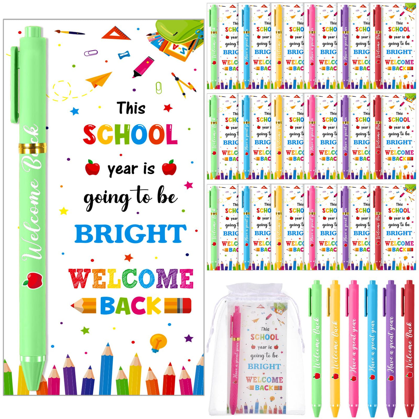 Marspark 30 Set Welcome Back to School Gifts Bulk Ballpoint Pens and Greeting Cards Set with Bags Twist Ties Composition First Day of School Gifts for Teacher Student Classroom Party Favors Supplies