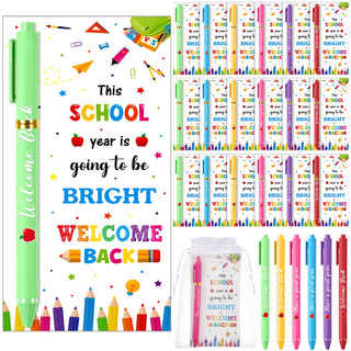 Marspark 30 Set Welcome Back to School Gifts Bulk Ballpoint Pens and Greeting Cards Set with Bags Twist Ties Composition First Day of School Gifts for Teacher Student Classroom Party Favors Supplies