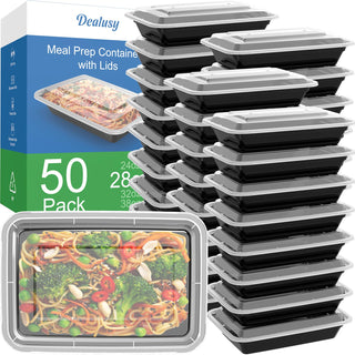 Dealusy 50 Pack (100-Piece) 24 oz Meal Prep Containers Reusable with Lids, Sturdy Leakproof & Food Safe, Microwave, Freezer, Dishwasher Safe Prep Containers, To Go Take Out Plastic Food Storage