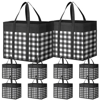 WOWBOX Reusable Grocery Bags,4-Pack, Foldable Reusable Shopping Tote Bags bulk with Reinforced Handles,Large Storage Bags with Water Resistant Coating for Groceries,Multipurpose,Black-White
