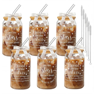 6Pcs Thank You Gifts Glass Cups with Lids and Straws 16oz Employee Appreciation Drinking Glasses Cups Thank You Iced Coffee Cup Tumbler Gifts for Employee Staff Coworkers Teachers Nurse