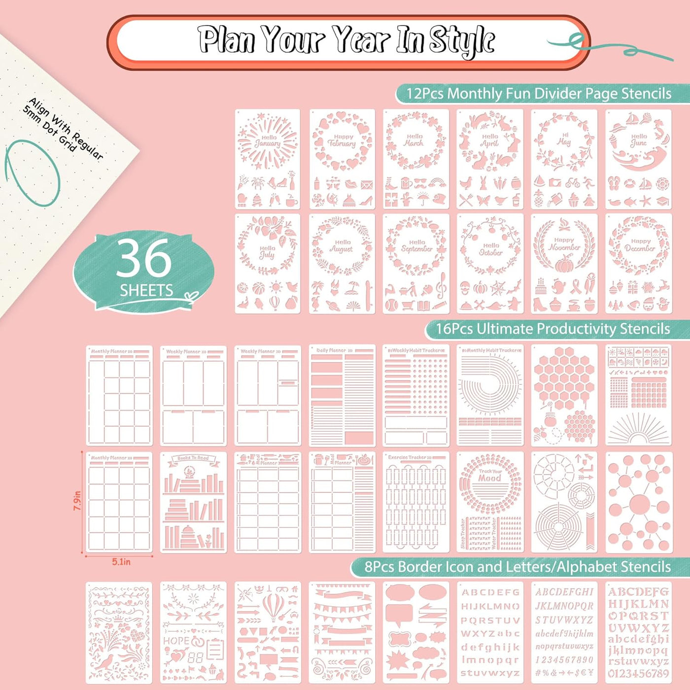 Bullet Journal Stencils (36PCS), Journal Supplies Accessories Kit for Bullet Journaling & Planner