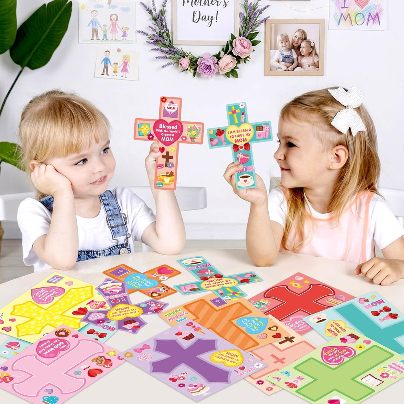CY2SIDE Mothers Cross Stickers Sheet - 40PCS Make A Best Mom Cross Face Sticker with Heart Flower for Kid, DIY Religious Gift Craft Sticker Game Party Favor for Christian Sunday School Home Project