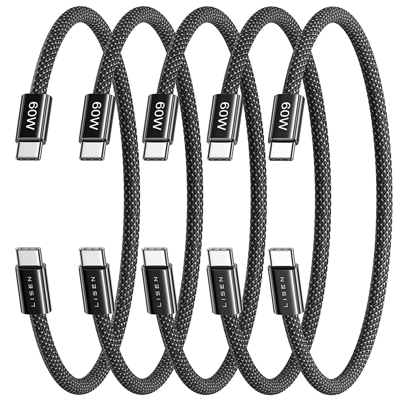 LISEN USB C to USB C Cable, 5-Pack [3.3/3.3/6.6/6.6/10FT] for iPhone 17 Charger Cord, 60W C to C Cable Fast Charging for iPad, iPhone 16 15 Pro Max, Galaxy S25/S24 USBC to USBC Cable Gifts for Men