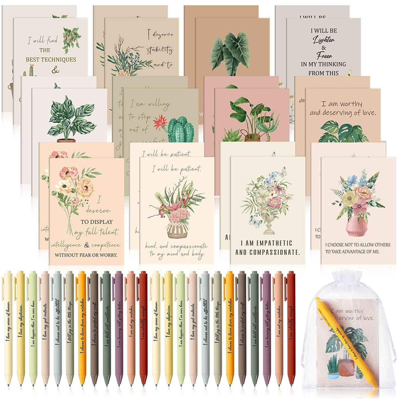Mooliwe 24 Pcs Positive Affirmation Gift Set Gratitude Notebooks with Pens Small Bags Motivational Encouragement Notepads Daily Affirmations Journal for Women Stress Relief Self Care (Watercolor)