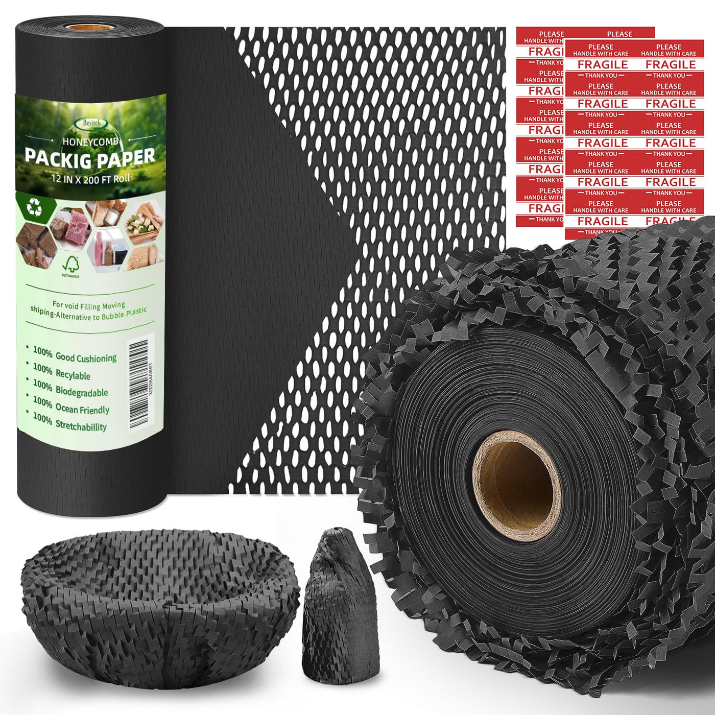Honeycomb Packing Paper,12 inch x 200 ft Bubble Cushioning Wrap for Packing Moving,Products Gifts Wrapping Paper,Recyclable and Biodegradable Shipping Packing Materials with 20 Fragile Sticker Labels