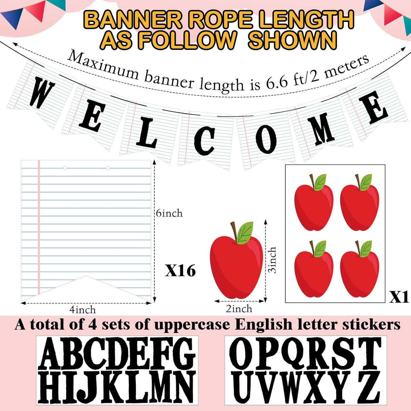 Mooliwe Classroom Decor DIY Banner, Welcome Back to School Party Supply Custom Hanging Bunting Garland Kit with Letters for First Day of School Ambience Celebration Decoration(White,Notebook)