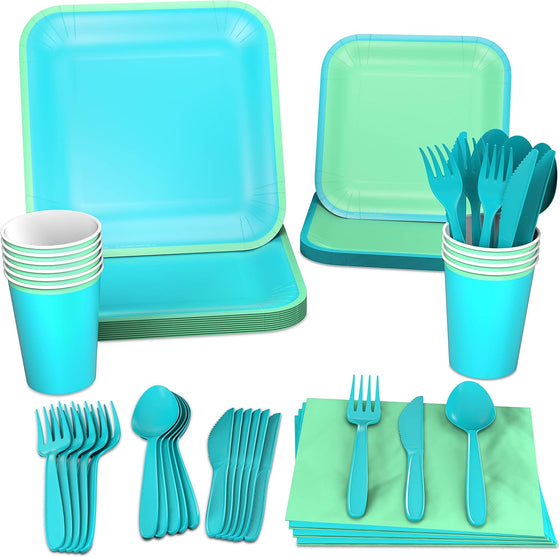 Hallmark Crayola Hallmark Color Pop Green and Blue Party Supplies (12 Dinner Plates, 12 Dessert Plates, 12 Paper Cups, 24 Napkins, 12 Sets of Plastic Cutlery) for Birthdays, Baby Showers, Father's Day